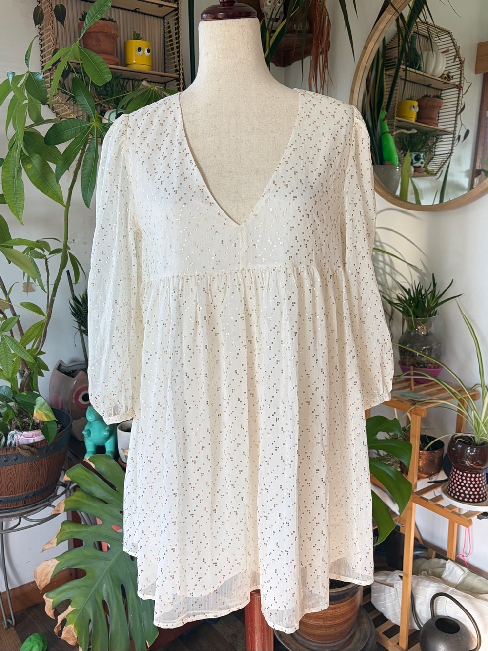 Aritzia Sunday Best Gold Foil Dot Mini Babydoll Dress Small V-Neck Boho Holiday - Picture 3 of 11